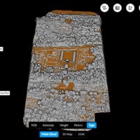 Simple classification of points collected during a LiDAR flight. Orange – ground surface and terrain relief; Grey – other objects and structures (in this case, both archaeological features and modern elements such as buildings, vegetation, and infrastructure). Image generated in DJI Terra.